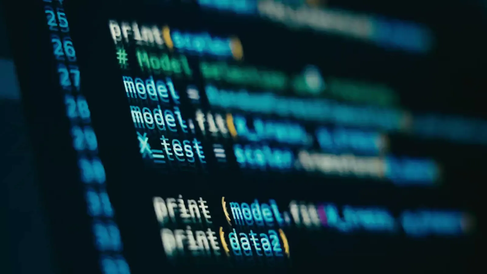 Close-up of code on a dark screen, with the focus moving across the lines